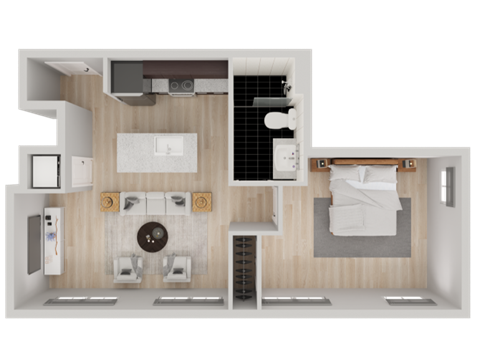 Floor plan for 1 bed, 1 bath, 653 sqft
